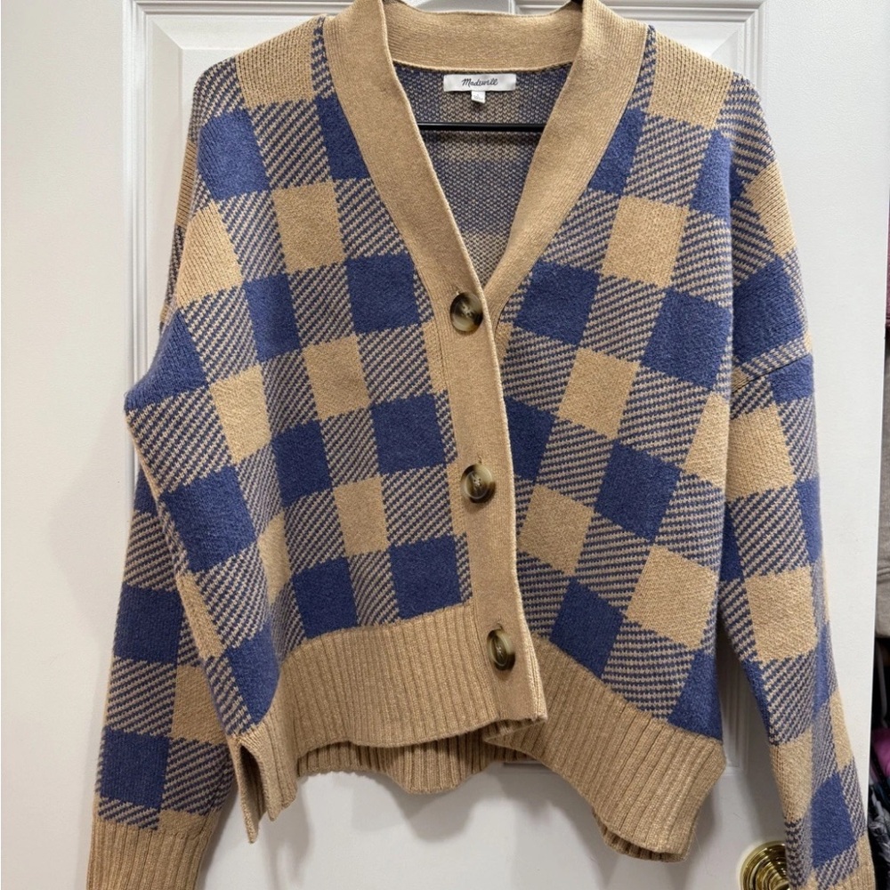 Madewell Blue and Tan Checkered Cardigan